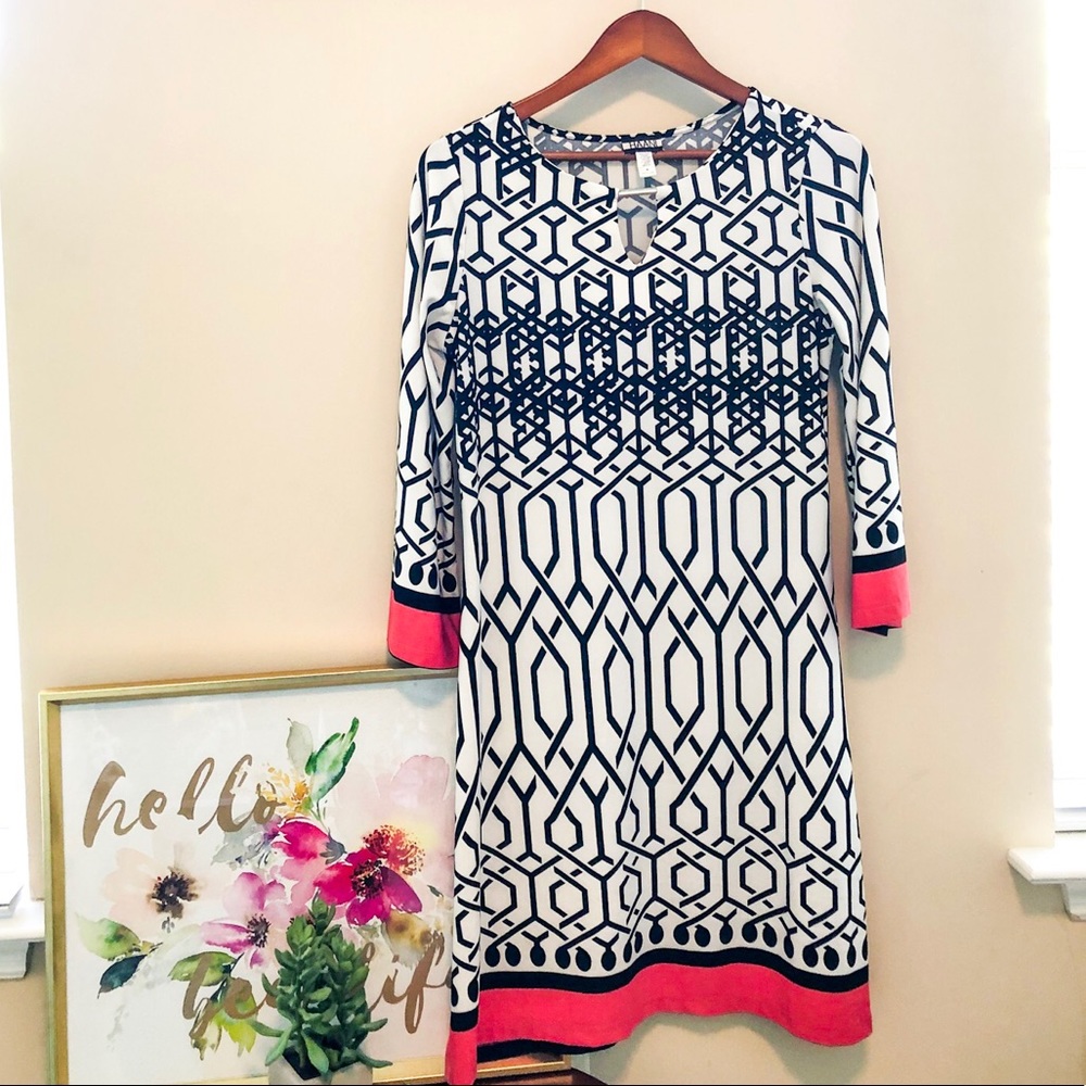 Black and white Shift Dress with Coral Hem